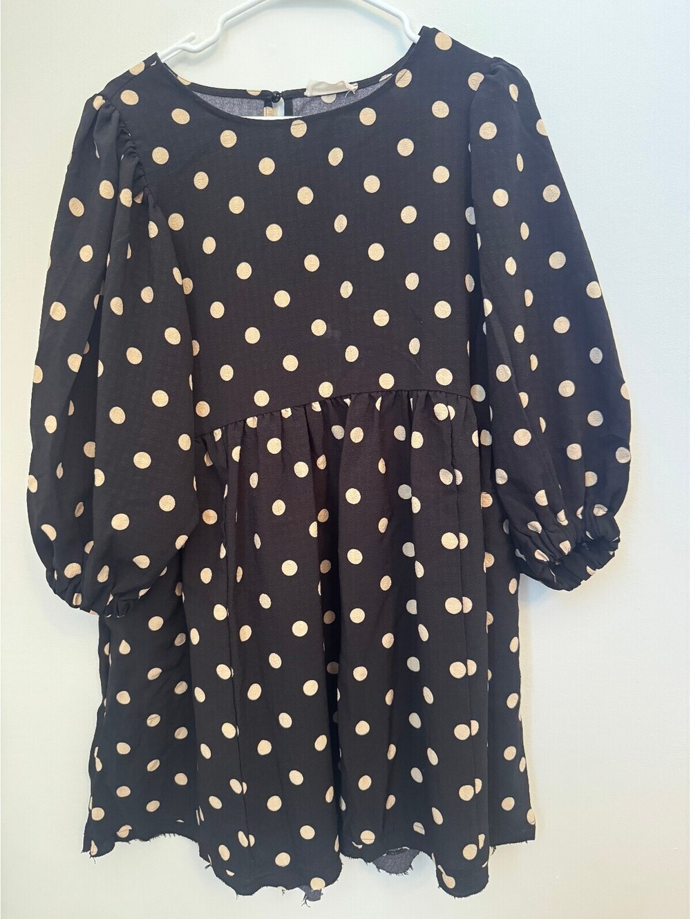 Altar'd State Black and Beige Polka Dot Midi Dress with Puff Sleeves